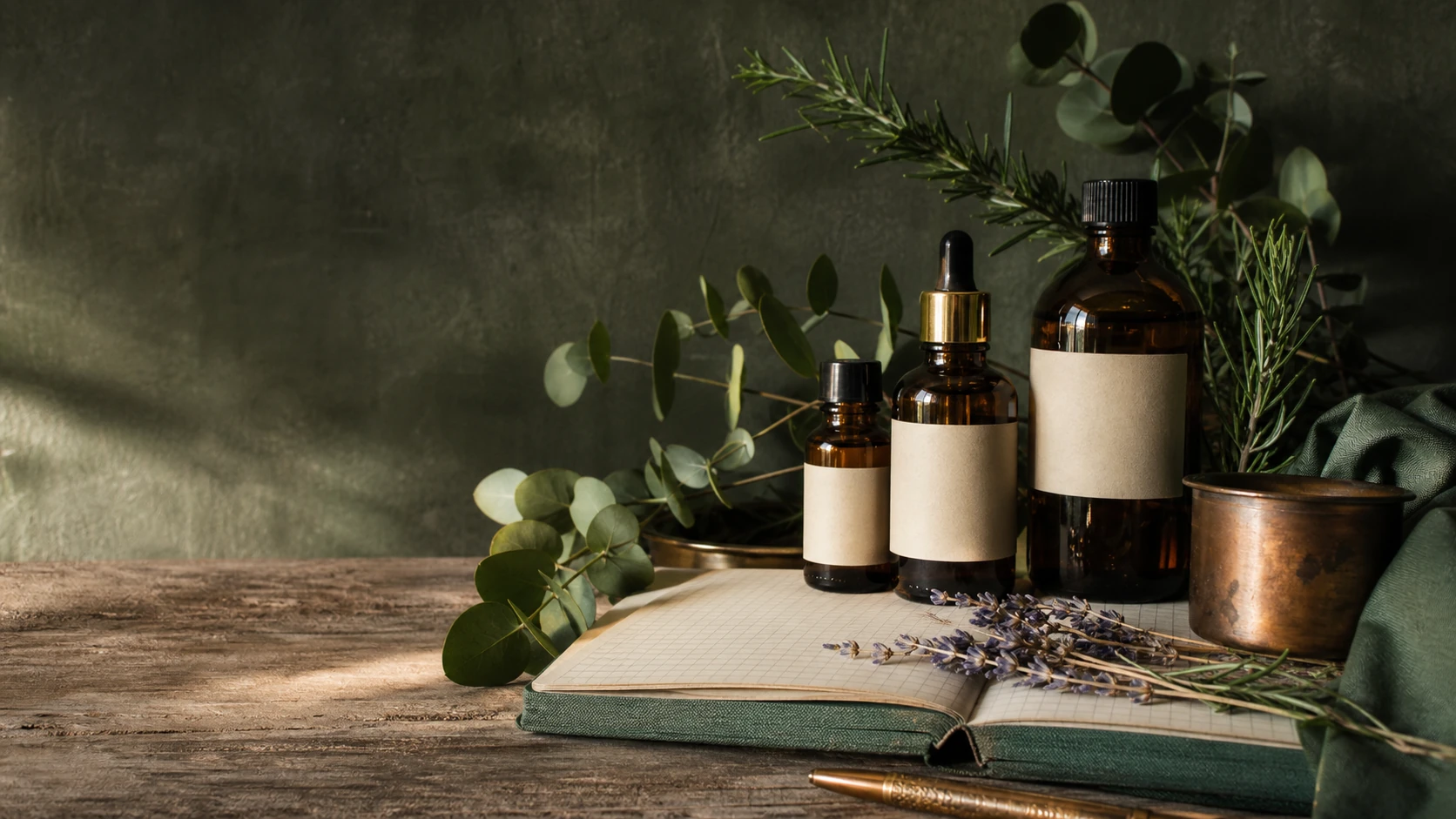 Amber bottles, botanical sprigs, and an open field notebook on a wooden worktable